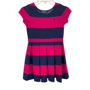 Polo Ralph Lauren Girls Striped Dress Size 5 Navy & Fuchsia Pleated Skirt